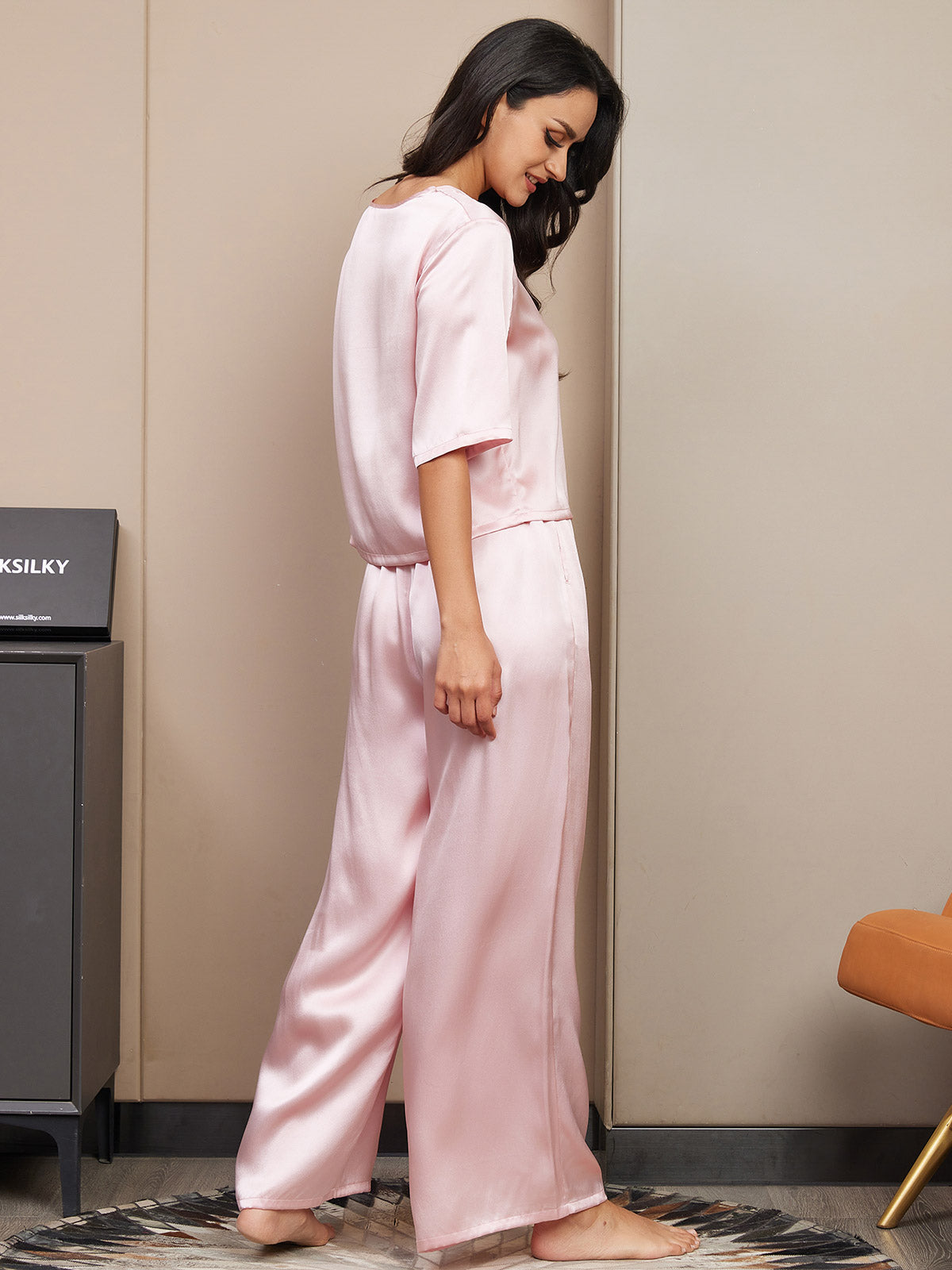 [Pink] SilkSilky-CA Pure Silk Half Sleeve Round Neck Women's Pajamas 006