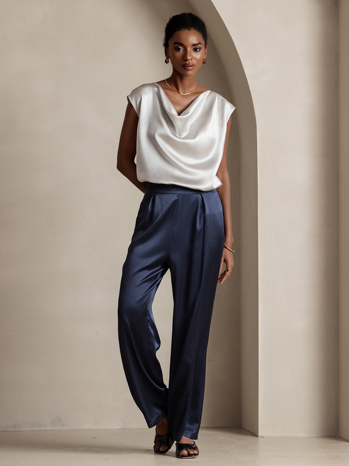 [Light Gray] SilkSilky-CA 19Momme Silk Cap Sleeve Cowl Neck Women's T-Shirt 004