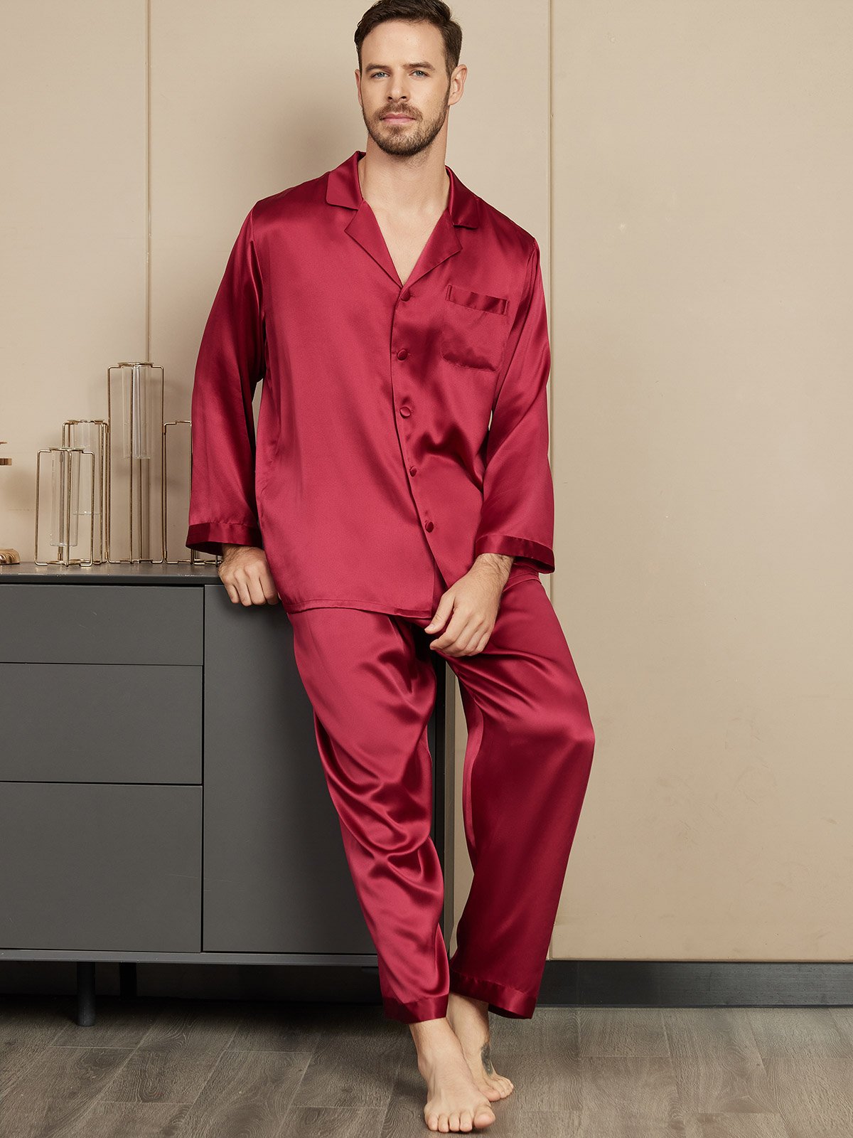 [Wine] SilkSilky-CA Pure Silk Mens Pajamas 005