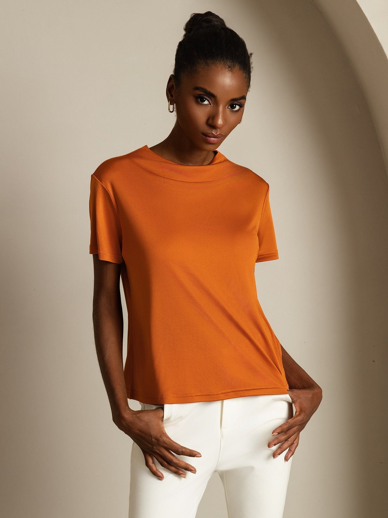[Orange] SilkSilky-CA Pure Silk Collar Women's T-Shirt 004