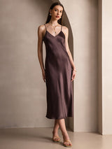 [Coffee] SilkSilky-CA Spaghetti Strap V Neck Dress 001