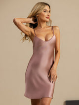 [Pale Mauve] SilkSilky-CA Spaghetti Strap V Neck Nightgown 001