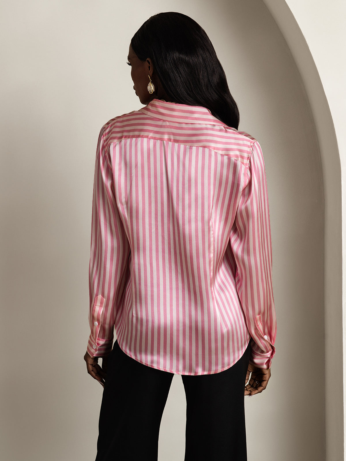 [Pink Stripe] SilkSilky-CA Silk Long Sleeve Lapel Collar Women's Shirt 002