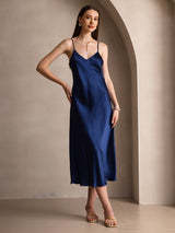 [Dark Blue] SilkSilky-CA Spaghetti Strap V Neck Dress 001