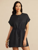 [Black] SilkSilky-CA 18Momme Silk Satin Surah Cap Sleeve Henley Neck Dress 003