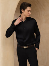 [Black] SilkSilky-CA 19Momme Stretch Silk Charmeuse Long Sleeve Lapel Collar Men's Shirt 005