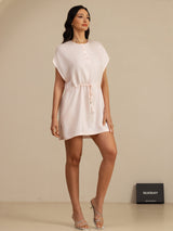 [Pink] SilkSilky-CA 18Momme Silk Satin Surah Cap Sleeve Henley Neck Dress 006