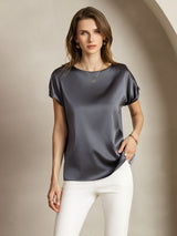 [Dark Gray] SilkSilky-CA Short Sleeve Boat Neck Women's T-Shirt 004