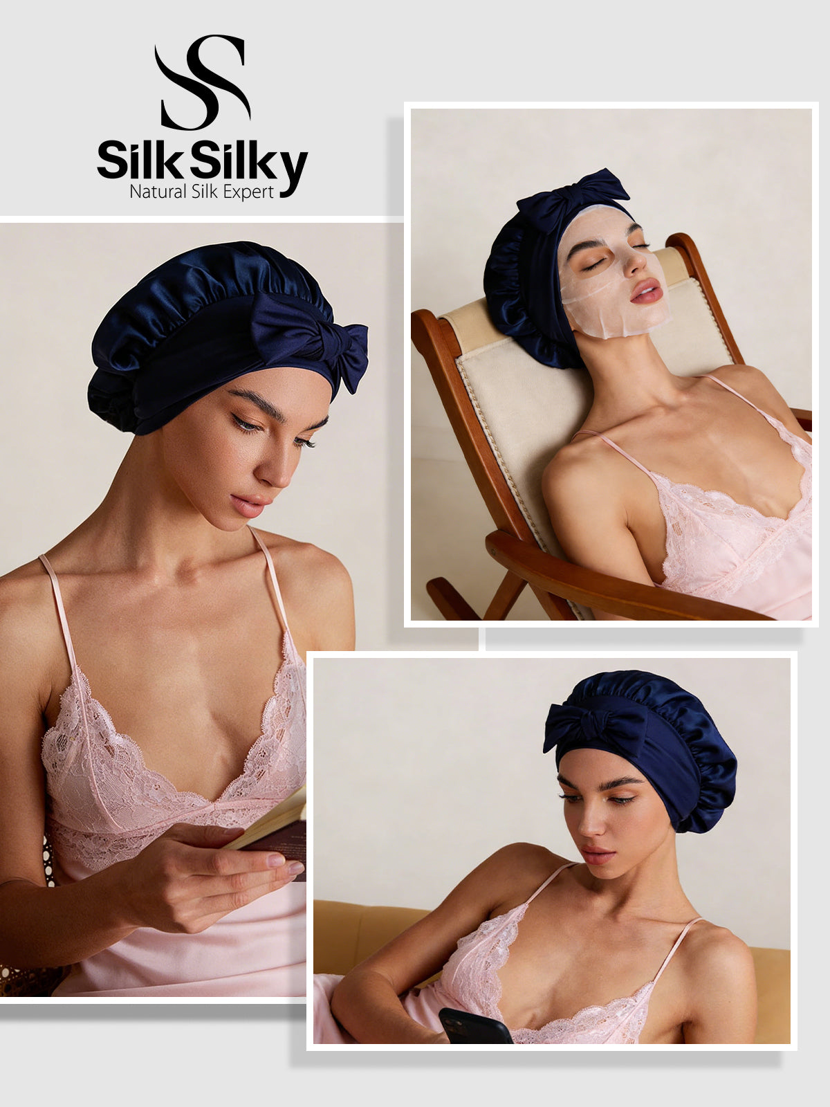 [Dark Blue] SilkSilky-CA Pure Silk Sleep Cap 005