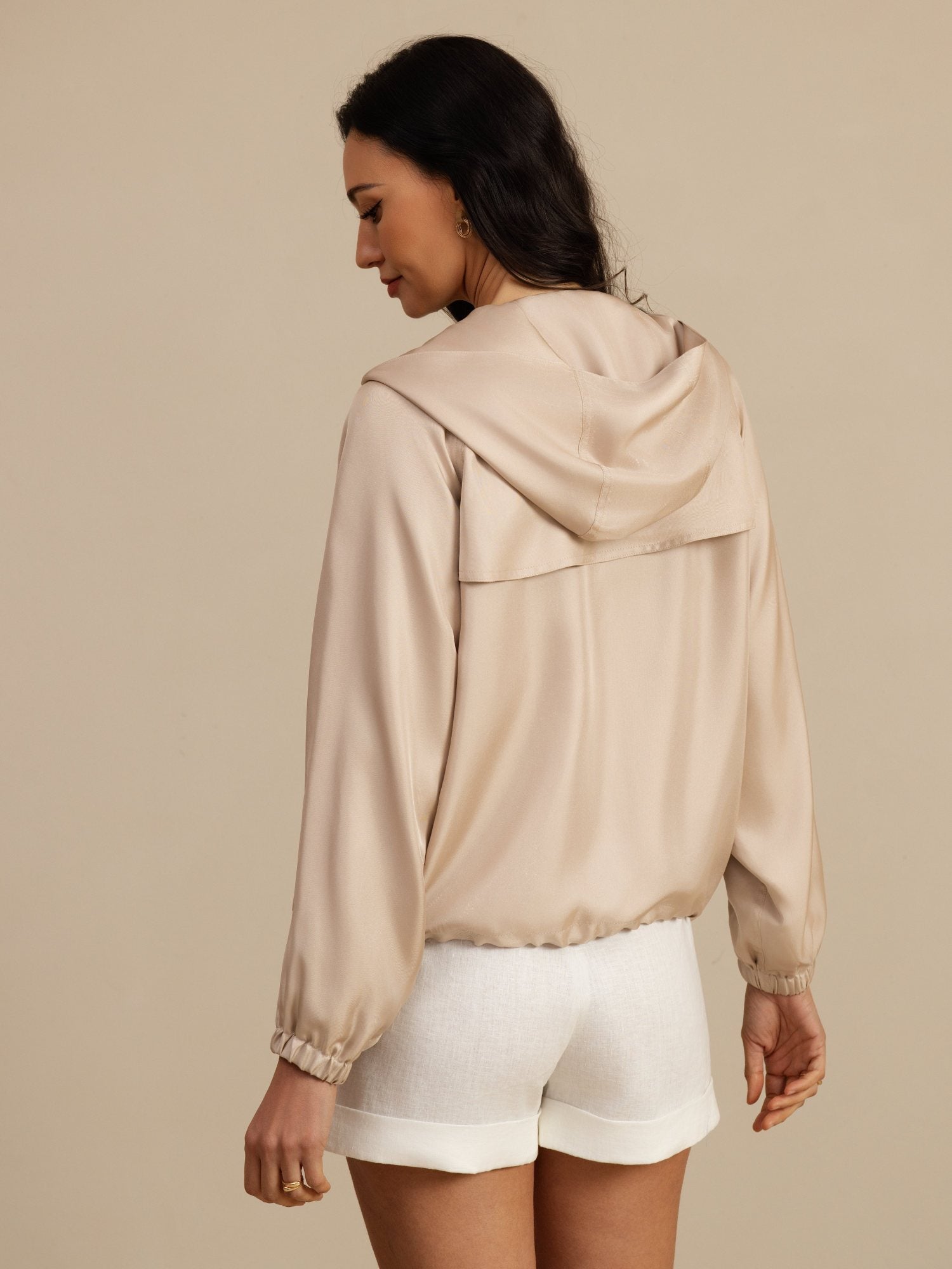 [Tan] SilkSilky-CA Silk Satin Surah Long Sleeve High Neck Women's Outerwear 002