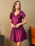 SilkSilky CA Pure Silk Short Sleeve V Neck Nightgown Wine 004