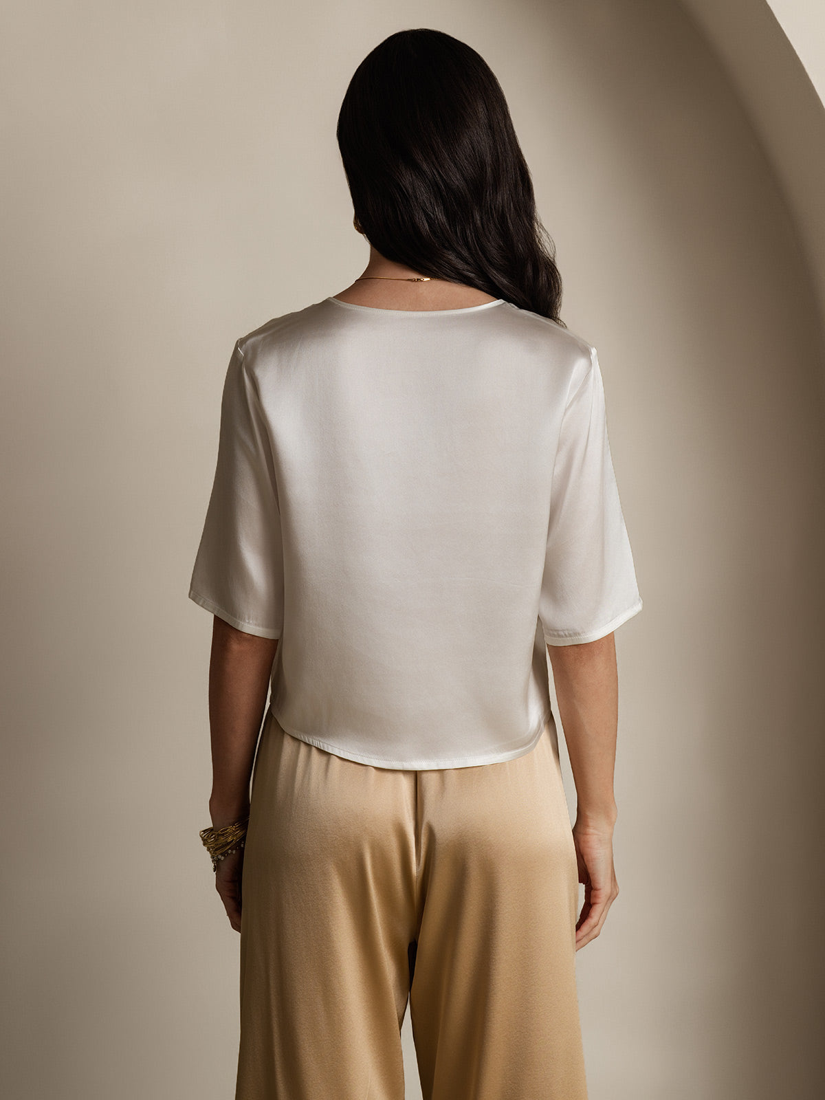 [White] SilkSilky-CA Pure Silk Boat Neck Women's T-Shirt 002