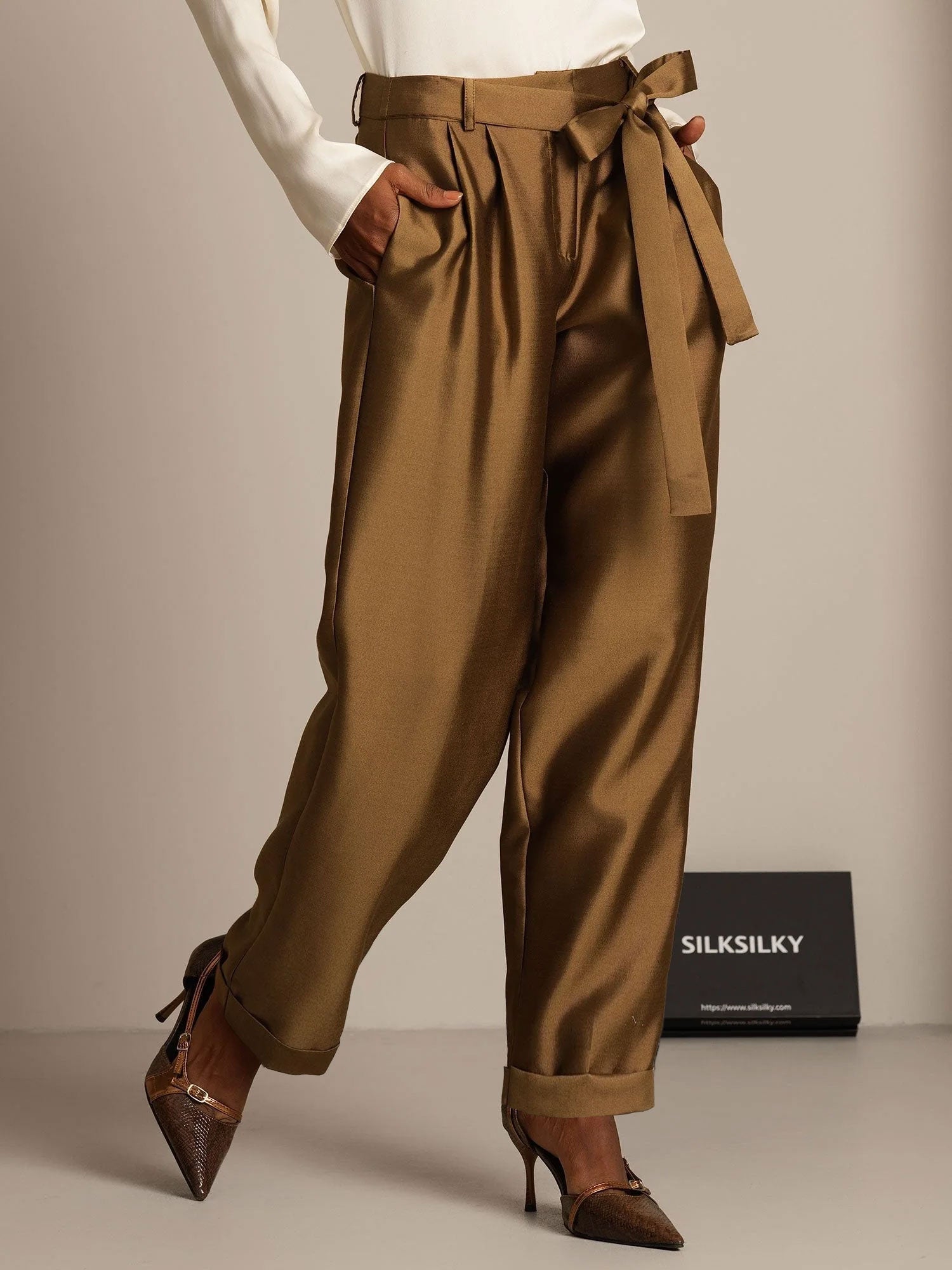[Bronze] SilkSilky-CA 32Momme Silk-Wool Blend Womens Pants 006,
