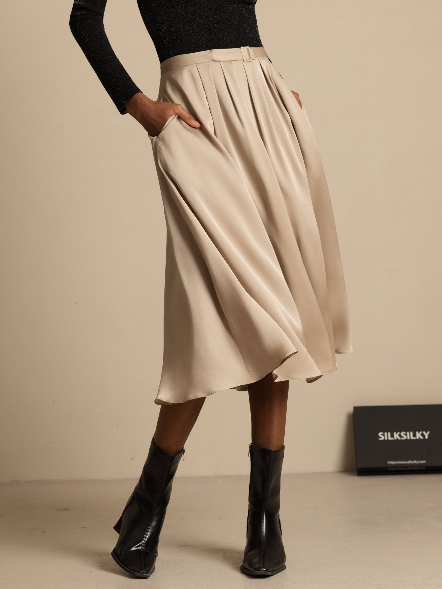 [Tan] SilkSilky-CA 19Momme Stretch Silk Double Georgette Skirt 003