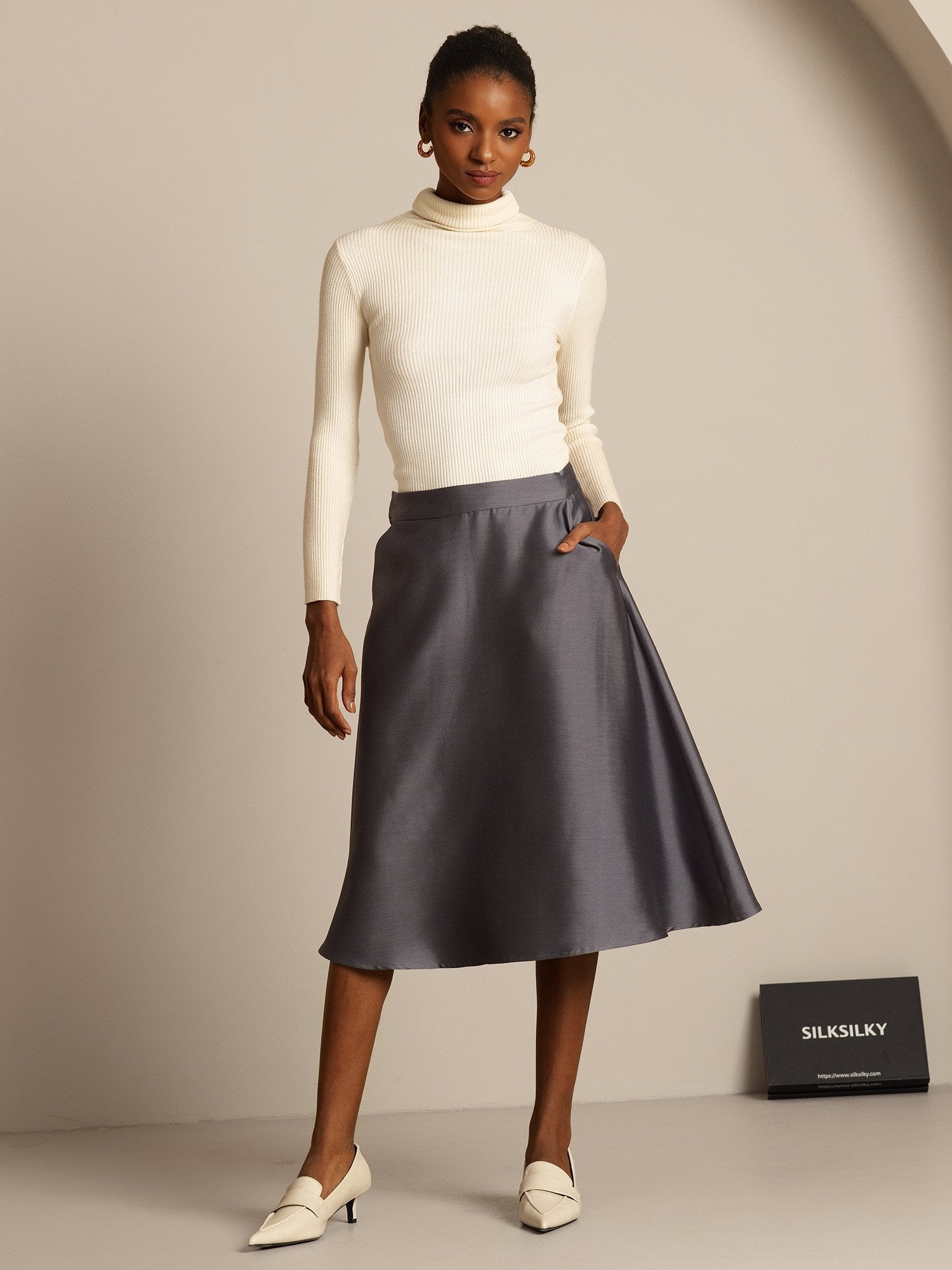 [Gray] SilkSilky-CA 32Momme Silk-Wool Blend Skirt 006,