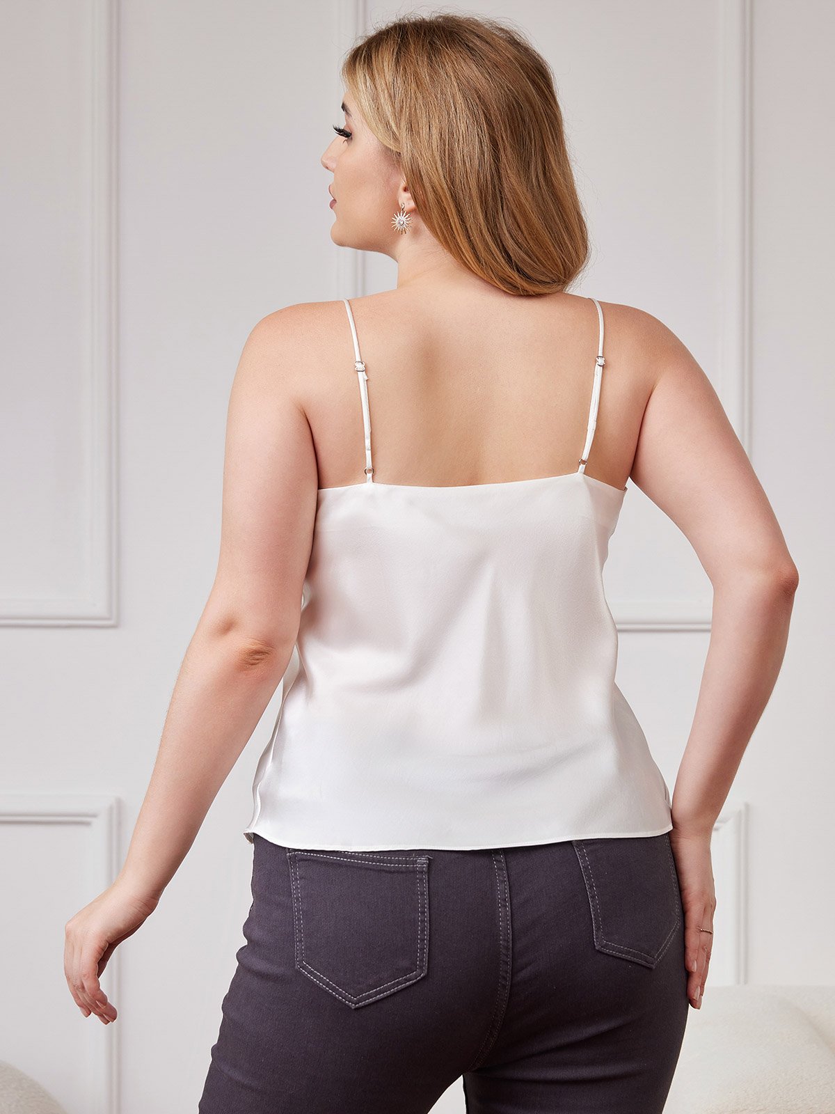 [White] SilkSilky-CA Spaghetti Strap V Neck Plus Size Camisole Top 002