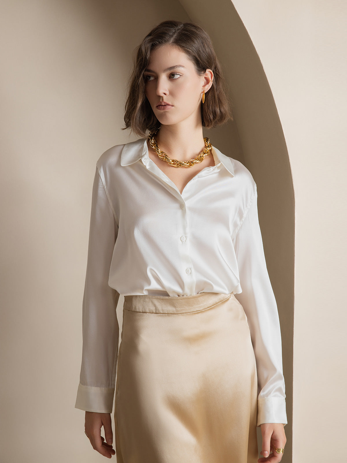 [White] SilkSilky-CA Long Sleeve Lapel Collar Women's Shirt 001