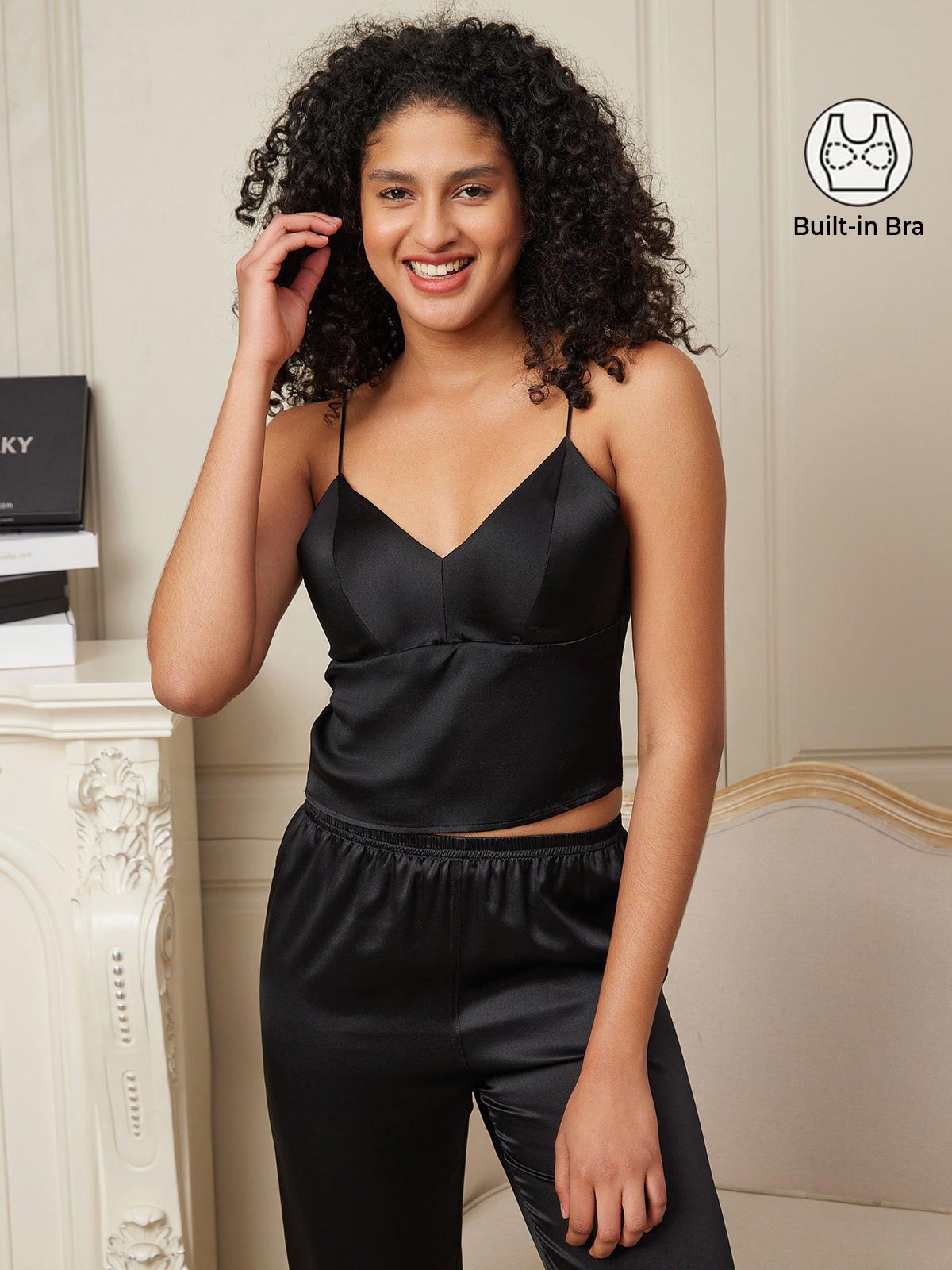 SilkSilky-CA Pure Silk V Neck Camisole Black 001