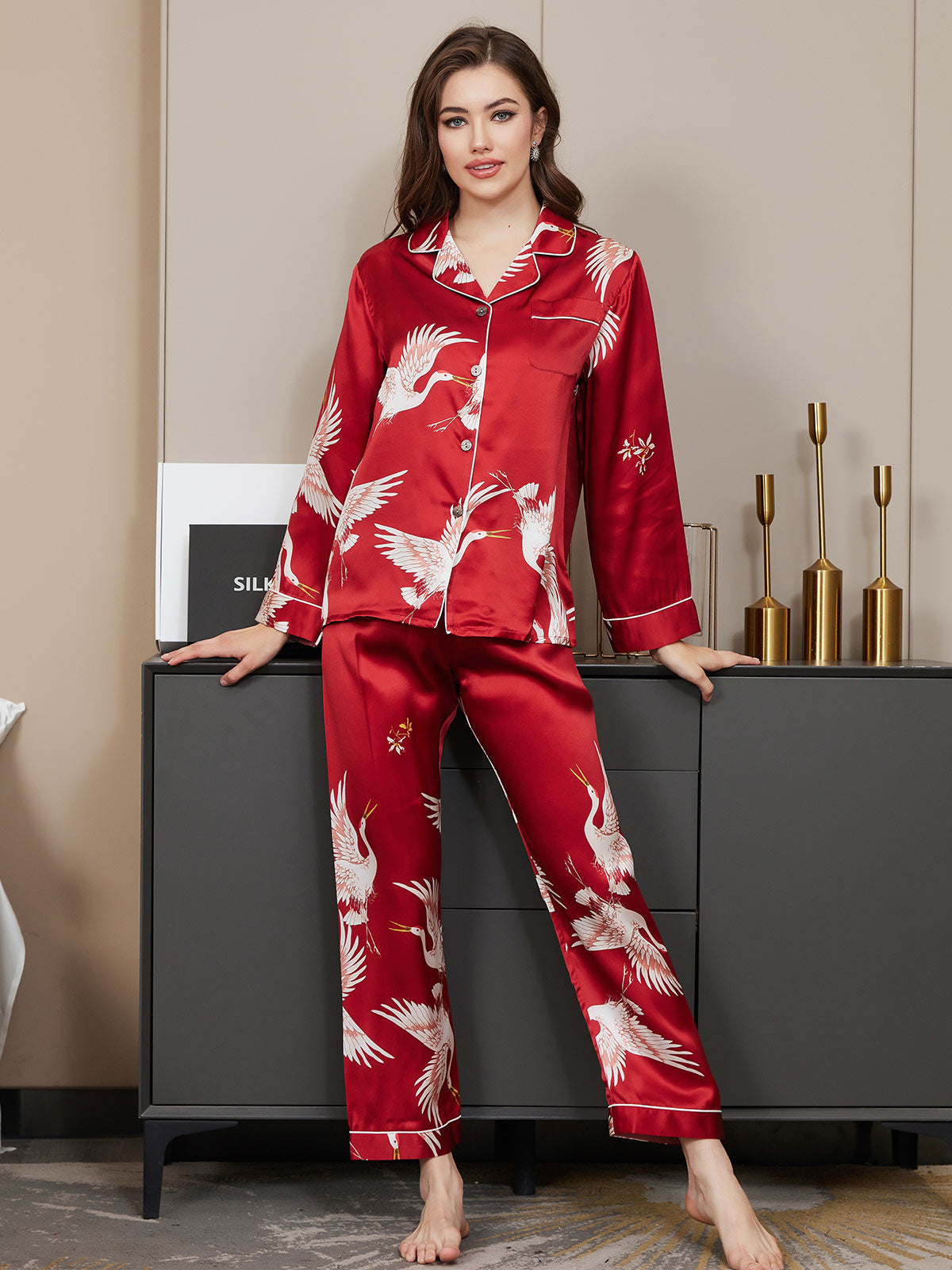 SilkSilky-CA 19Momme Pure Silk Long Sleeve Lapel Women's Pajamas DarkRed 003