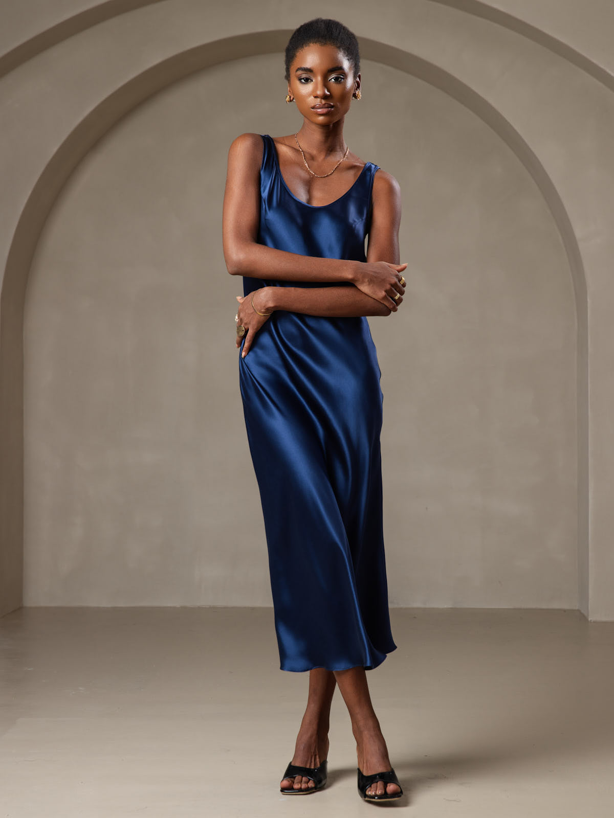 [Dark Blue] SilkSilky-CA Pure Silk Boat Neck Dress 001