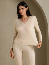 [Beige] SilkSilky-CA Long Sleeve V Neck Women's Long Johns 003