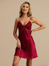 [Wine] SilkSilky-CA Spaghetti Strap Deep V Neck Nightgown 007