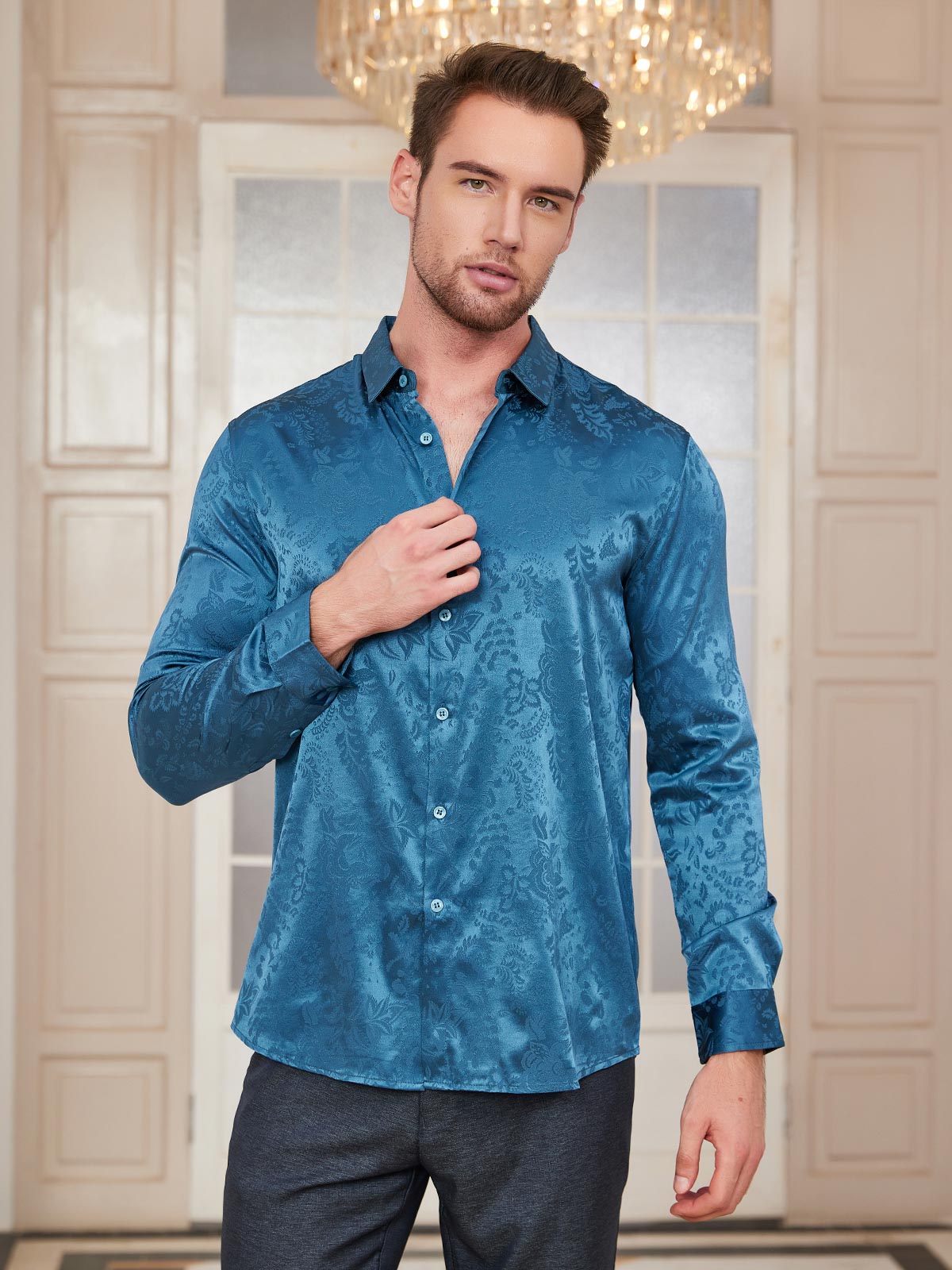 SilkSilky CA Silk Long Sleeve Collar Men's Shirt Teal 001