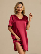 [Dark Red] SilkSilky-CA Half Sleeve V Neck Nightgown 001