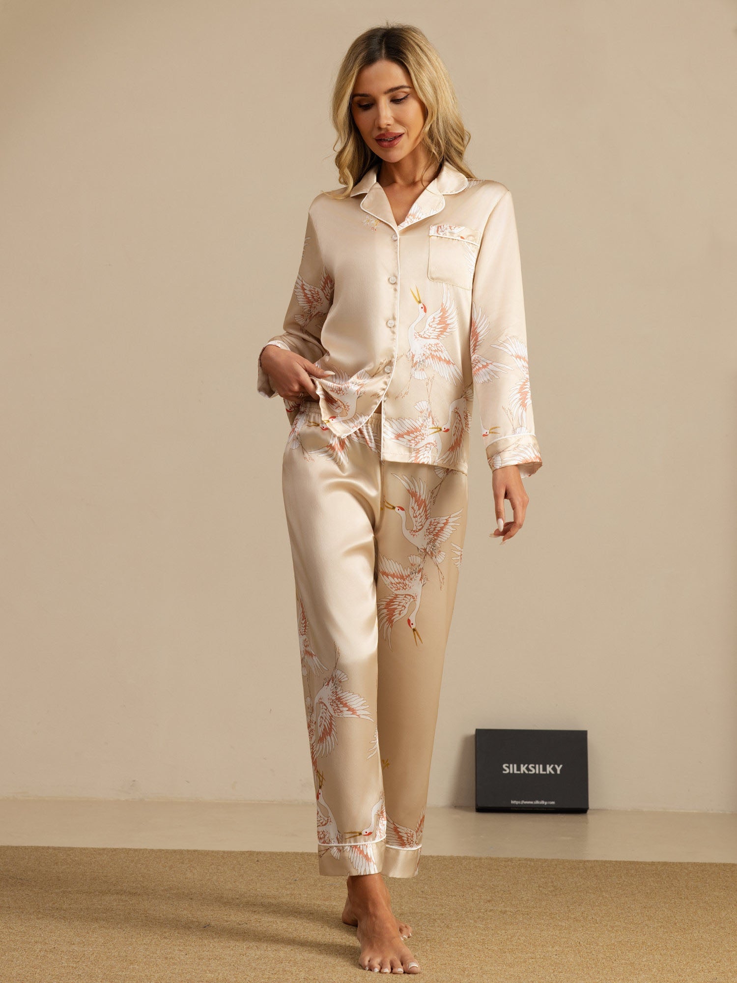 [Champagne] SilkSilky-CA 19Momme Long Sleeve Notch Collar Women's Pajamas 006