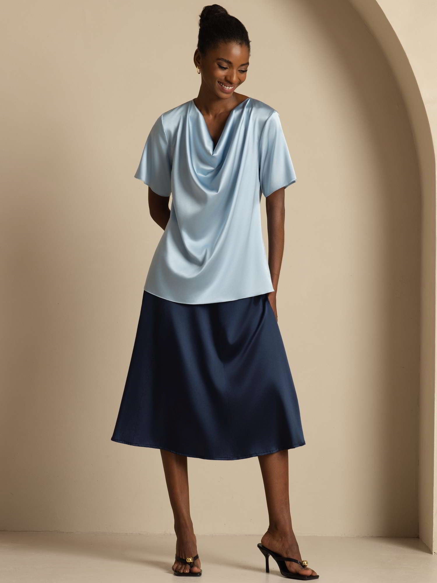 [Grayish Blue] SilkSilky-CA 19Momme Silk Short Sleeve Cowl Neck Blouse 007