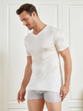 SilkSilky-CA Silk Knitted Short Sleeve V Neck Men's T-Shirt White 004