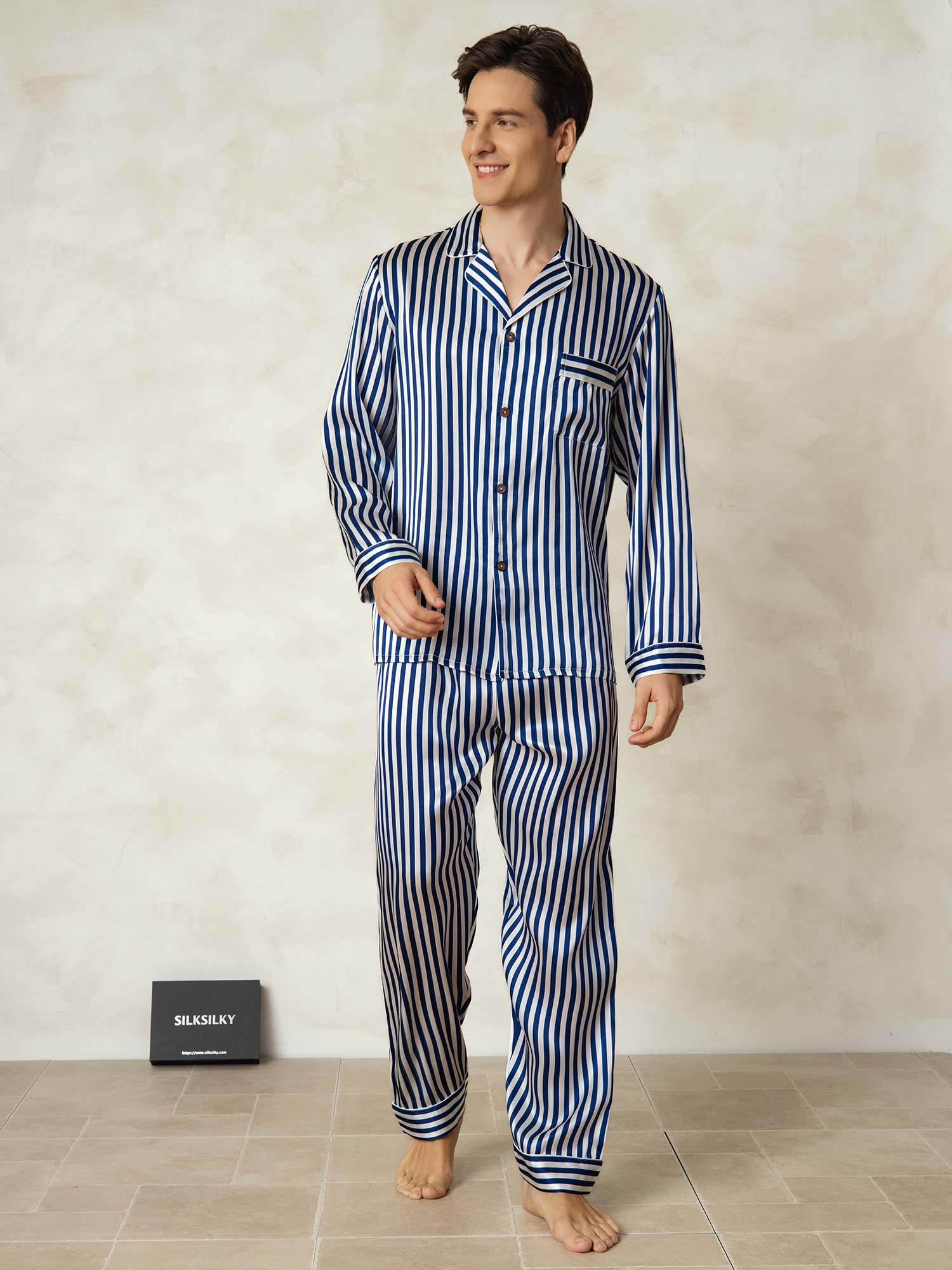 [Navy Stripe] SilkSilky-CA 19Momme Pure Silk Mens Pajamas 001