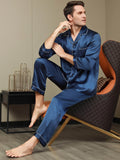 SilkSilky-CA Pure Silk Long Sleeve Lapel Men's Pajamas DarkBlue 002