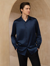 [Dark Blue] SilkSilky-CA 19Momme Stretch Silk Charmeuse Long Sleeve Lapel Collar Men's Shirt 003
