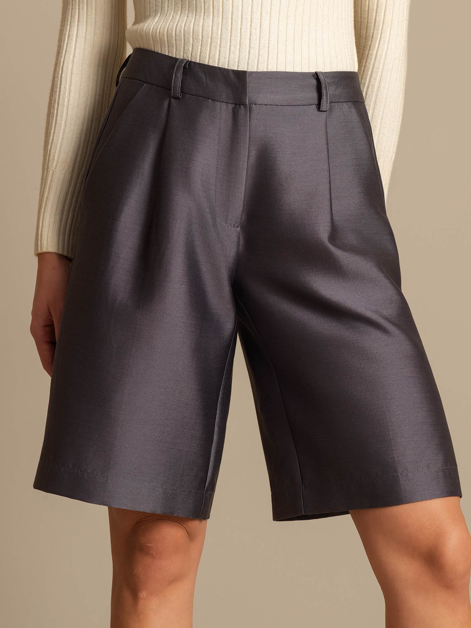 [Gray] SilkSilky-CA 32Momme Silk-Wool Blend Womens Shorts 004,