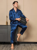 SilkSilky CA 19Momme Pure Silk Long Sleeve Lapel Men's Pajamas DarkBlue 001