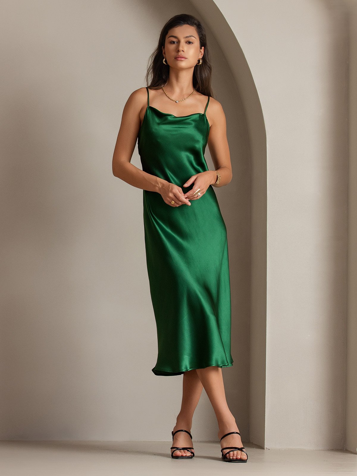 SilkSilky CA Pure Silk Sleeveless Cowl Neck Dress Green 001