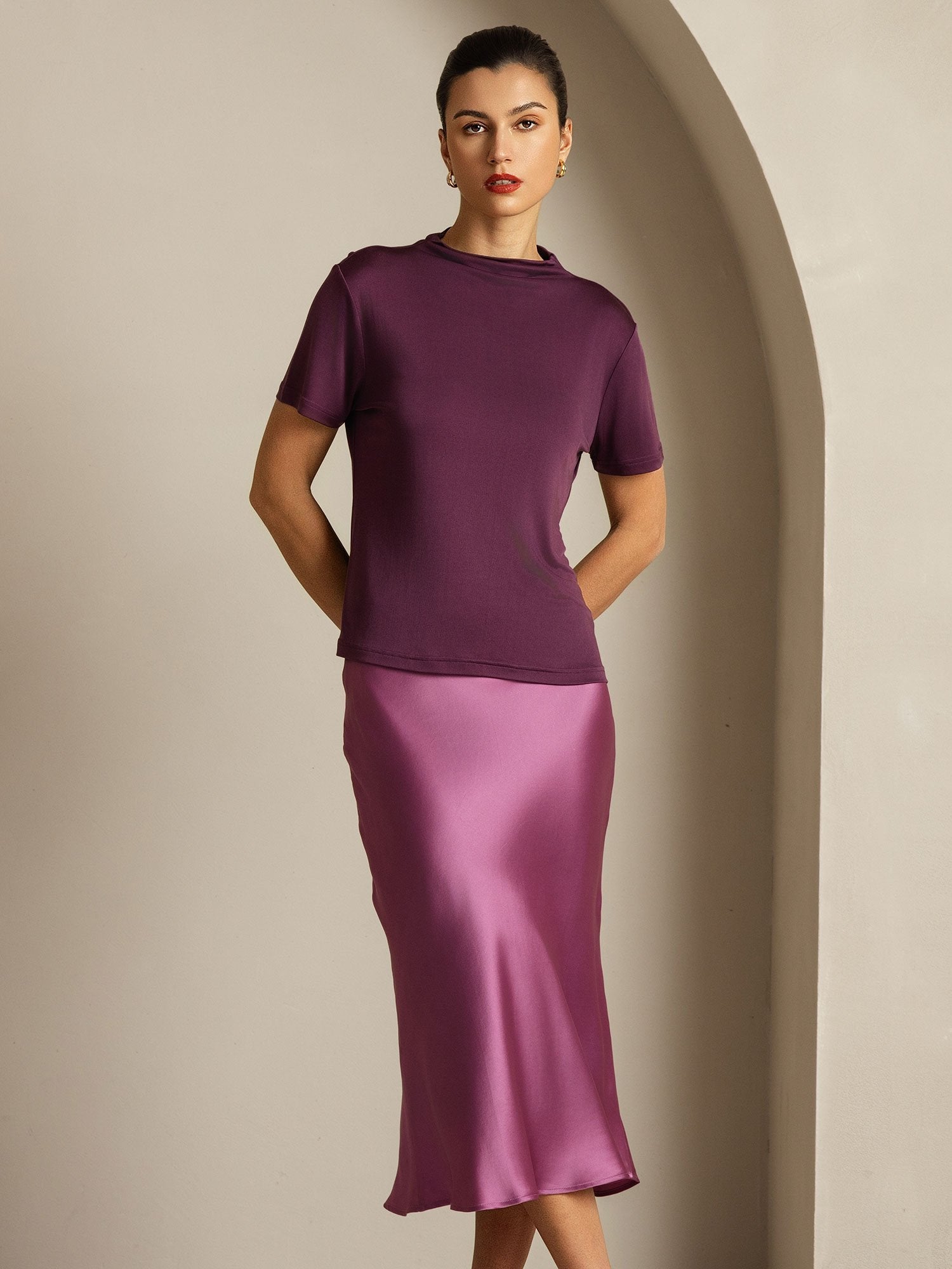 [Purple] SilkSilky-CA Pure Silk Collar Women's T-Shirt 008