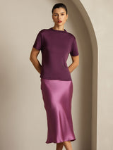 [Purple] SilkSilky-CA 100% Silk Jersey Short Sleeve Mock Neck Women's T-Shirt 008