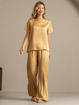 [Tan] SilkSilky-CA 19Momme Machine-Washable Silk Short Sleeve Women's Pajamas 007
