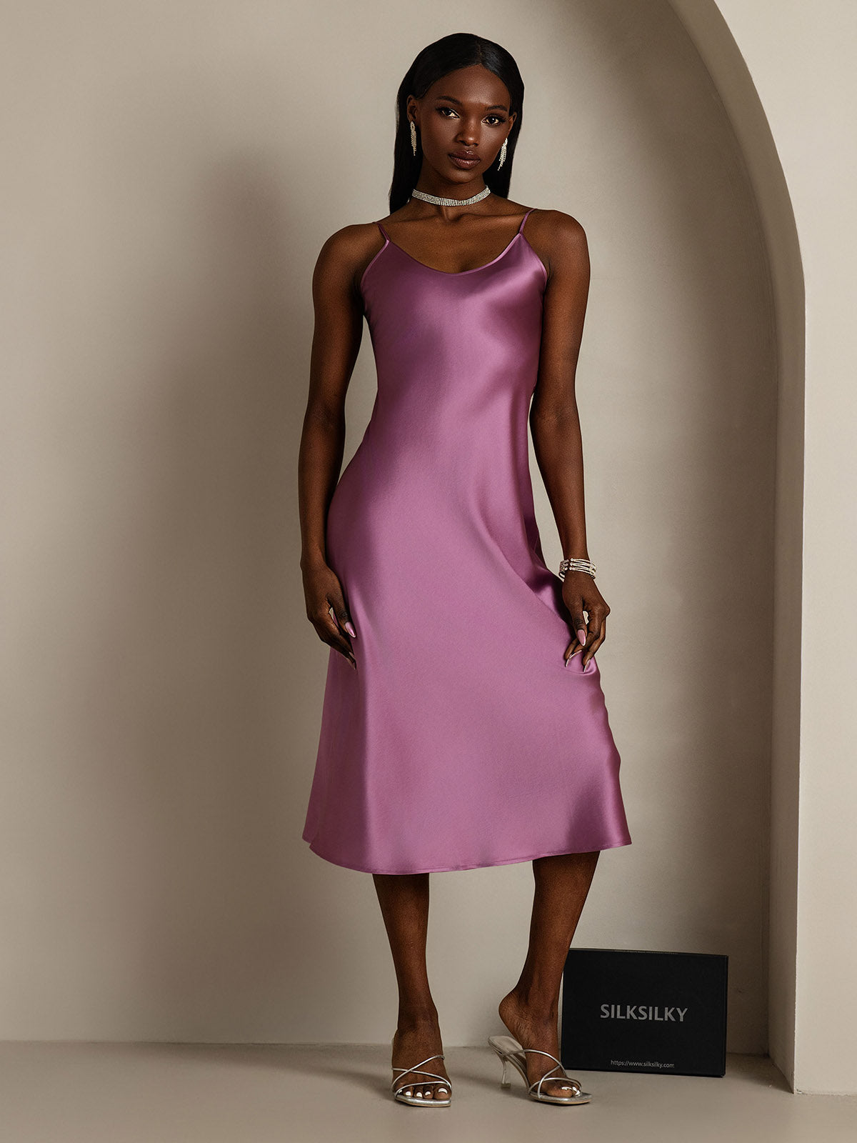 [Deep Purple] SilkSilky-CA Pure Silk Round Neck Dress 004