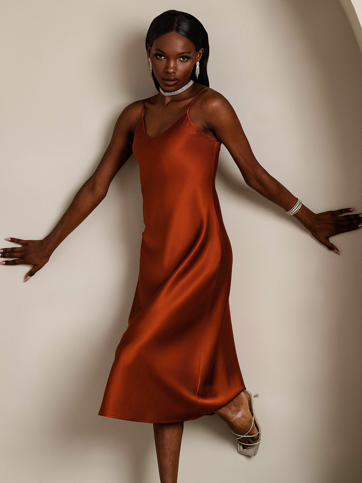 SilkSilky-CA Pure Silk Sleeveless Round Neck Dress Caramel 006