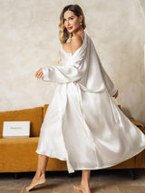 [White] SilkSilky-CA Long Sleeve V Neck Nightgown&Robe Set 002