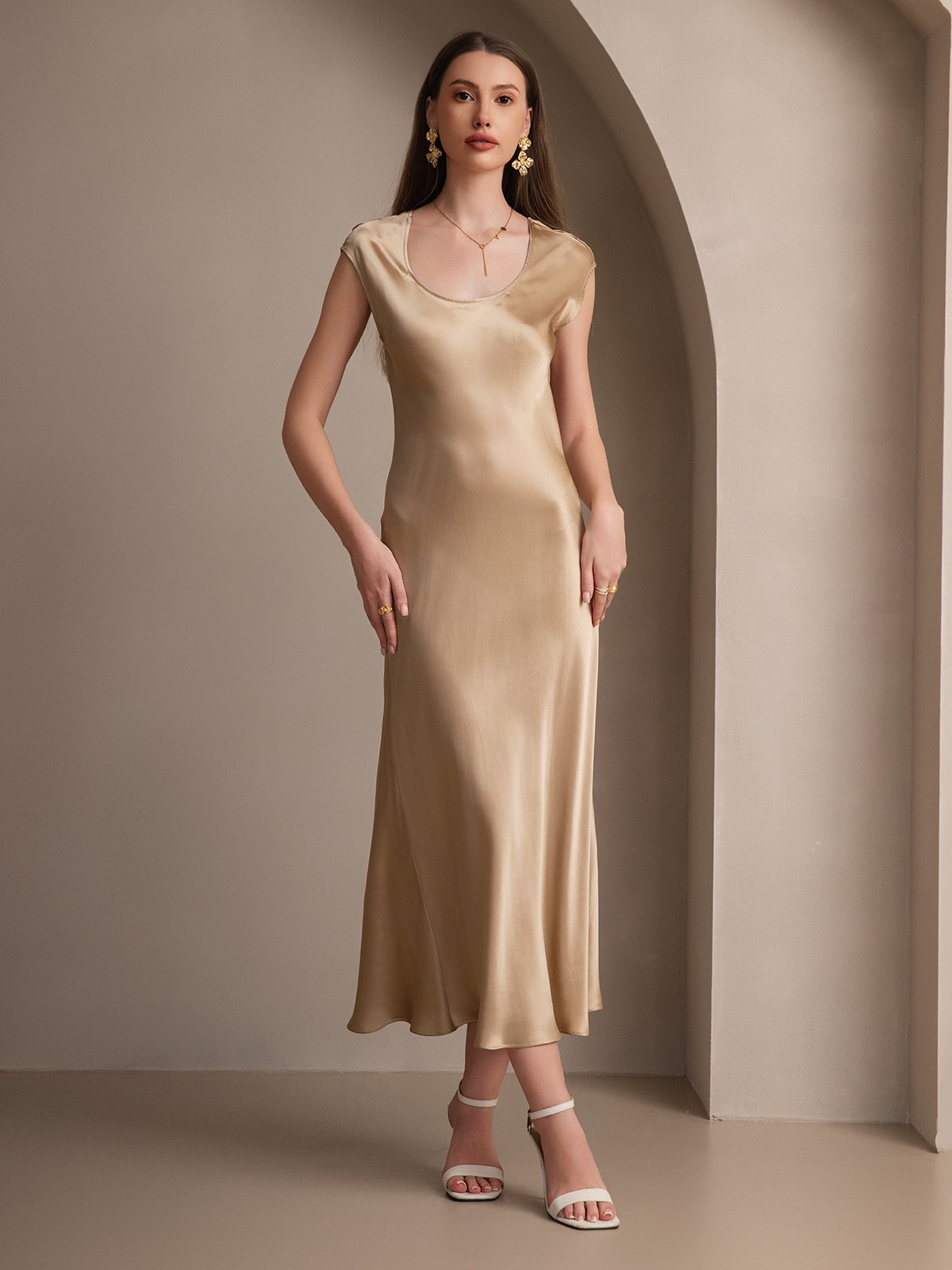 [Champagne] SilkSilky-CA 19Momme Silk Cap Sleeve Round Neck Dress 004
