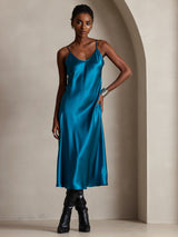 [Teal] SilkSilky-CA Spaghetti Strap V Neck Dress 001