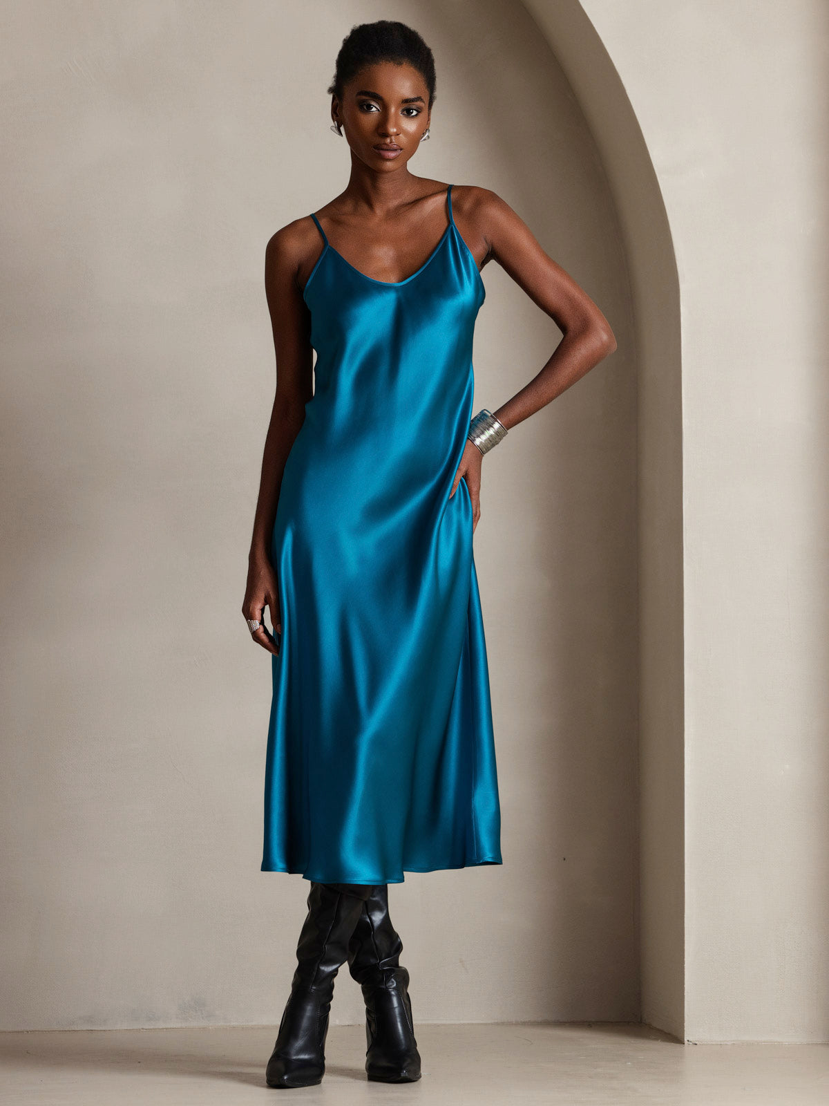 [Teal] SilkSilky-CA Pure Silk Round Neck Dress 001