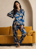 SilkSilky-CA Pure Silk Long Sleeve Lapel Women's Pajamas Blue 006