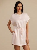 [Pink] SilkSilky-CA 18Momme Silk Satin Surah Cap Sleeve Henley Neck Dress 001