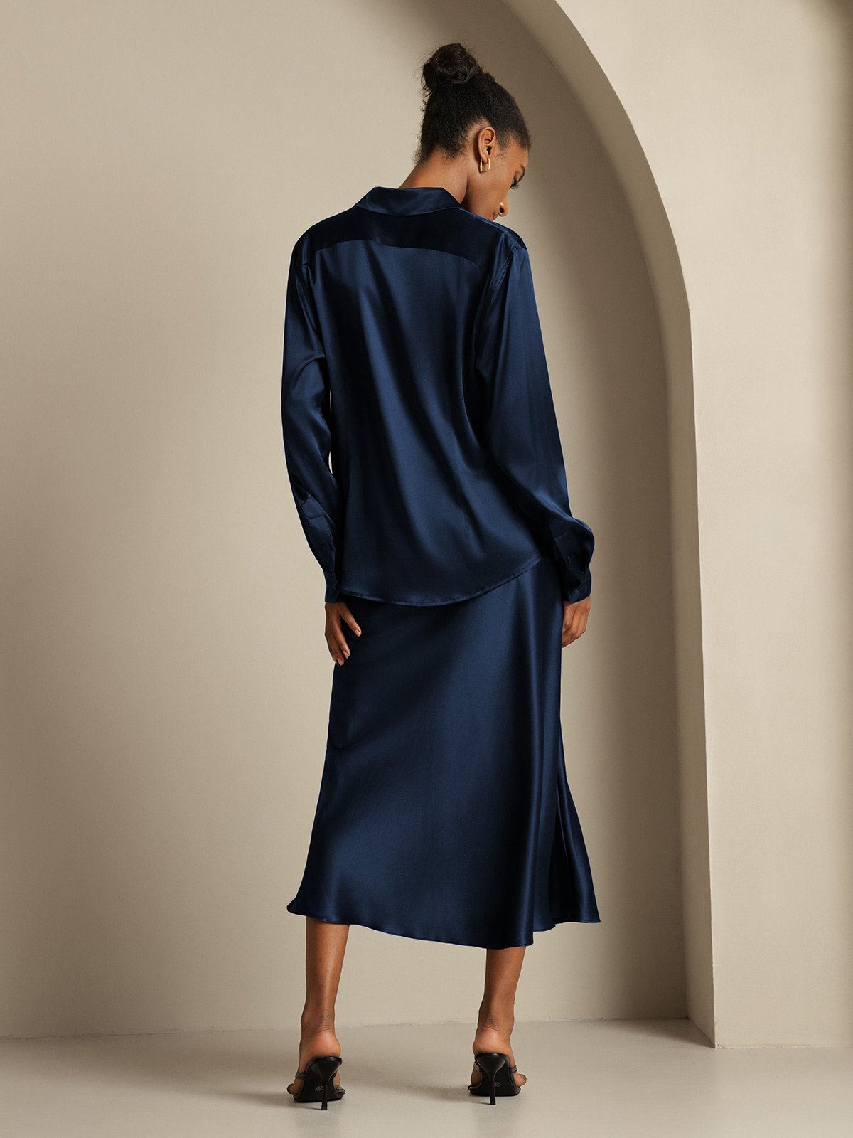 [Dark Blue] SilkSilky-CA 19Momme Silk Knitted Lapel Collar Women''s Outfit Sets 002,