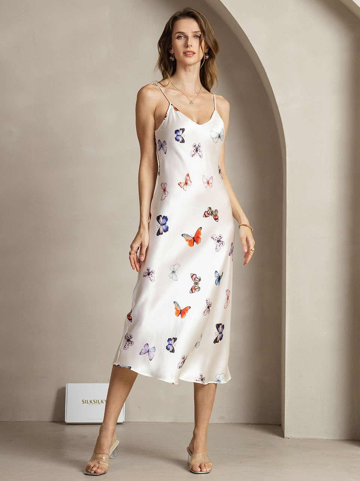 [WhiteButterfly] SilkSilky-CA 19Momme Silk V Neck Dress 001